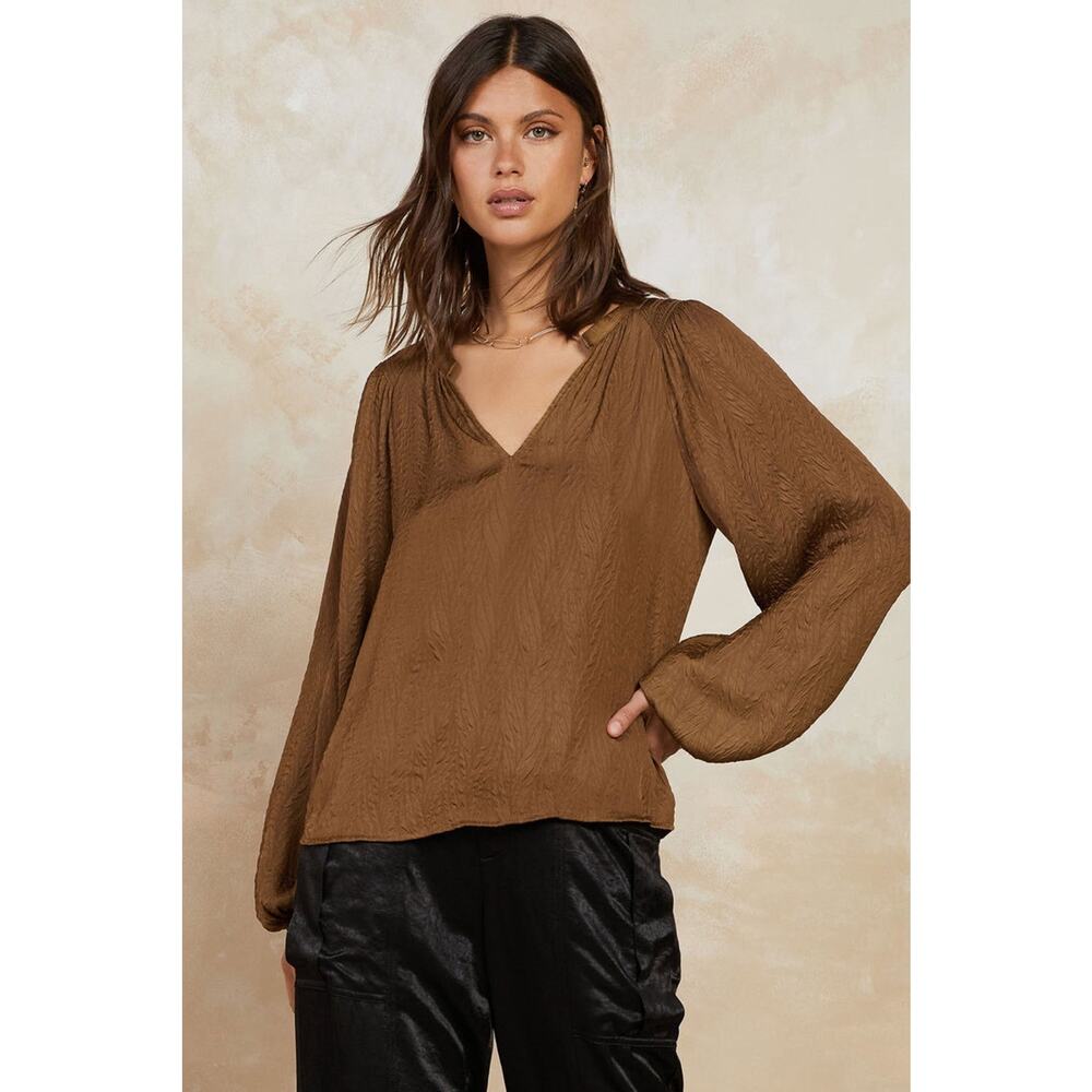 Current Air Anthropologie Crinkle Texture Long Sleeve Blouse Size M Brown